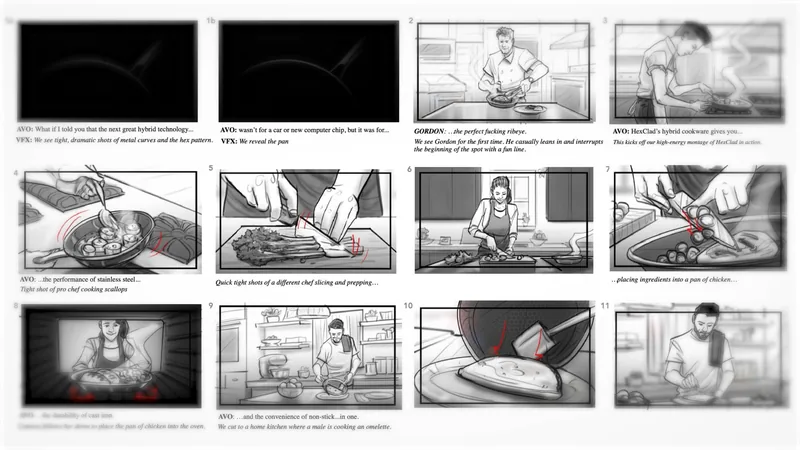 Storyboard frames laid out for a commercial shoot