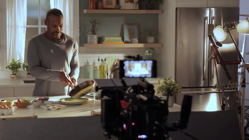 Camera set up on a kitchen scene during a shoot